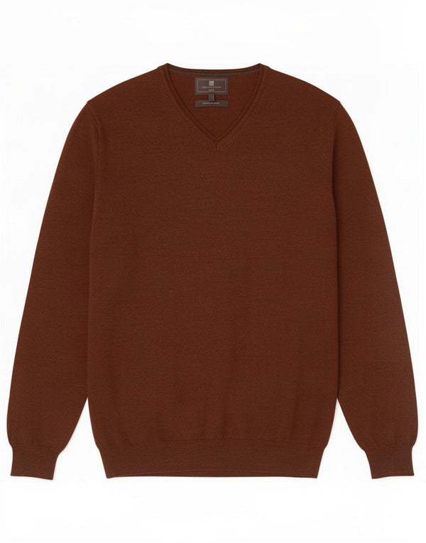 Pulover pentru bărbați Marks & Spencer, slim fit, cu decolteu în V, din lână merinos maro mare