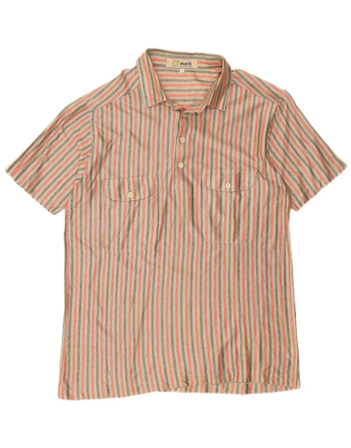 Cămașă vintage pentru bărbați cu mânecă scurtă, bumbac cu dungi mari, bej