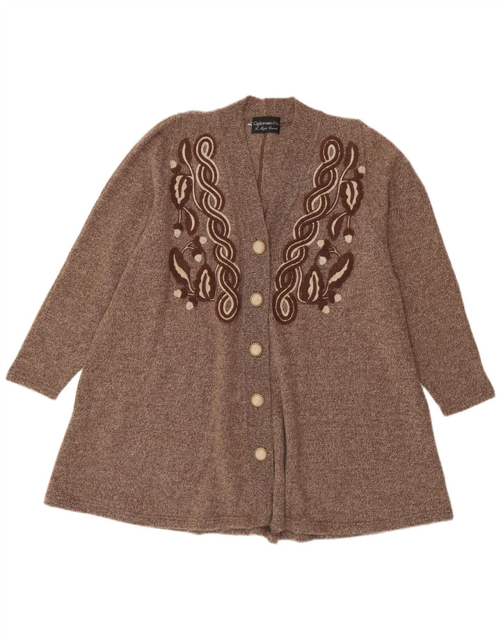 Pulover cardigan supradimensionat cu paragate vintage pentru femei UK 14 Lână maro medie