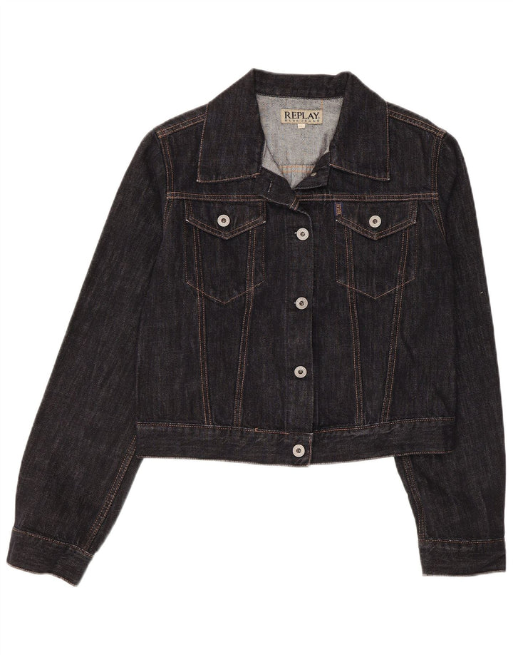 Jachetă de denim crop Replay pentru femei UK 14, mare, negru, bumbac