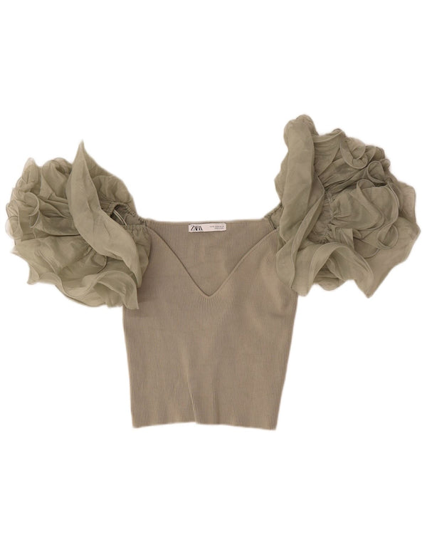 Zara Womens Crop Bluse Top UK 12 Medium Beige Viscose
