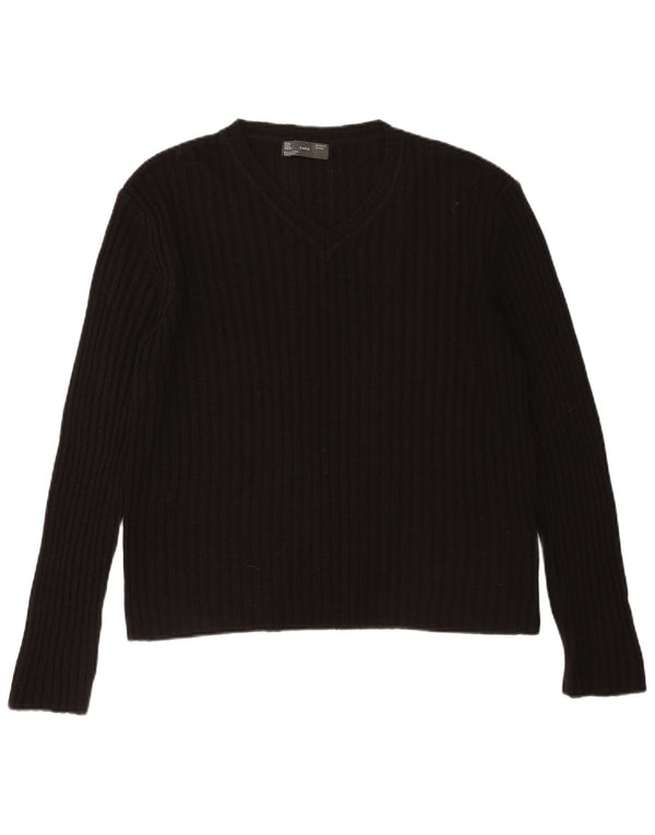 Pulover pentru bărbați Zara, cu decolteu în V, mare, negru, acrilic