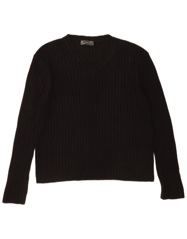 Pulover pentru bărbați Zara, cu decolteu în V, mare, negru, acrilic