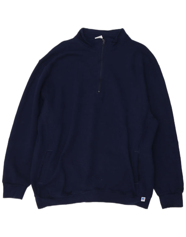 RUSSELL ATHLETIC Mens Zip Neck Sweatshirt Jumper 2XL Navy Blue Cotton