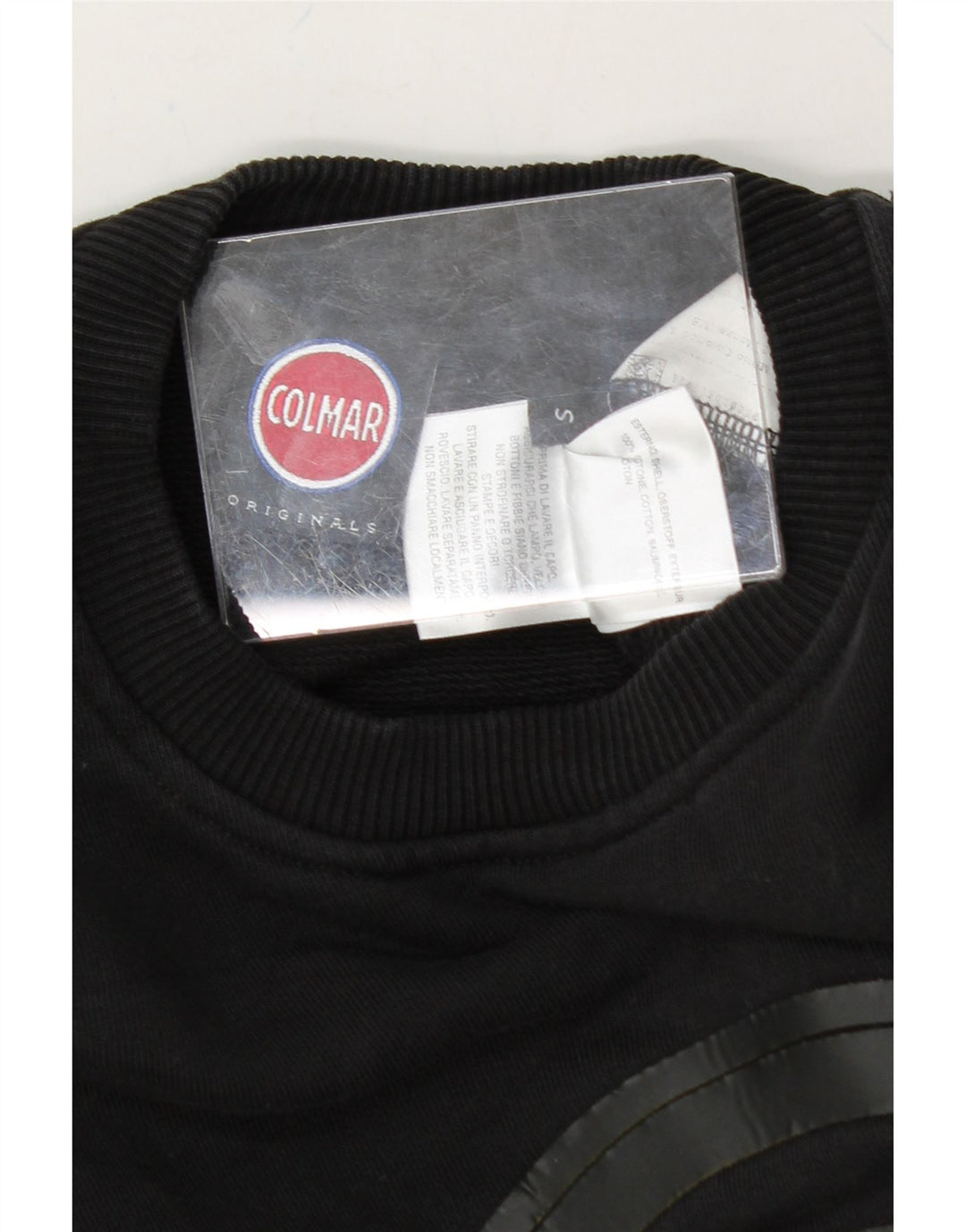 COLMAR Mens Graphic Sweatshirt Jumper Small Black Cotton Vintage Colmar and Second-Hand Colmar from Messina Hembry 