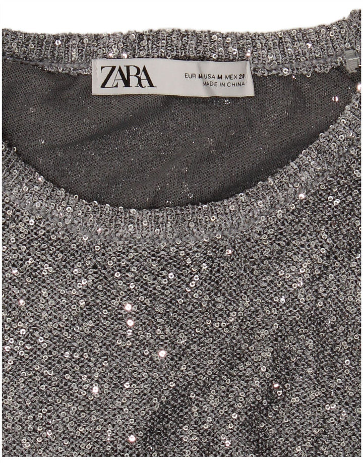 Pulover pentru damă Zara, cu gât turnut, UK 12, argintiu mediu cu pete