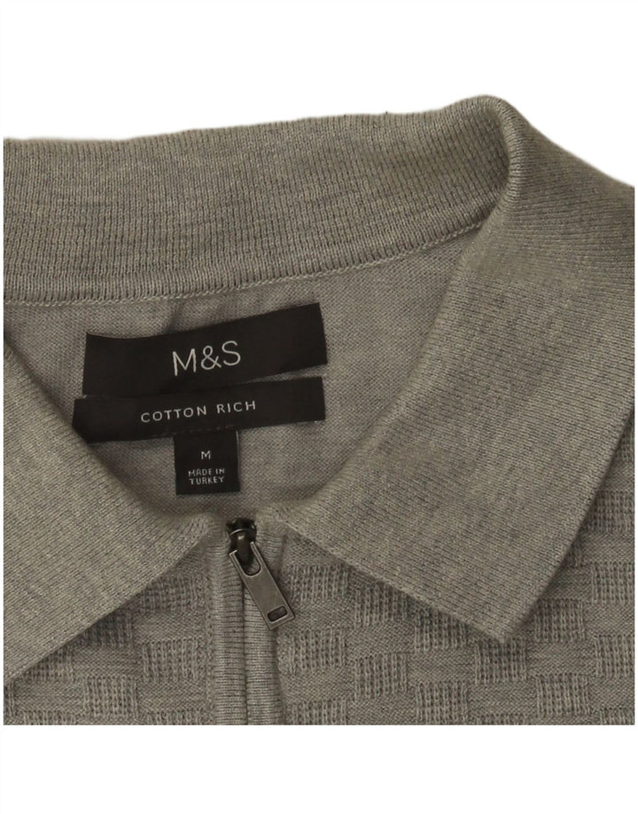 Pulover pentru bărbați Marks & Spencer, cu gât polo, din bumbac geometric, gri mediu