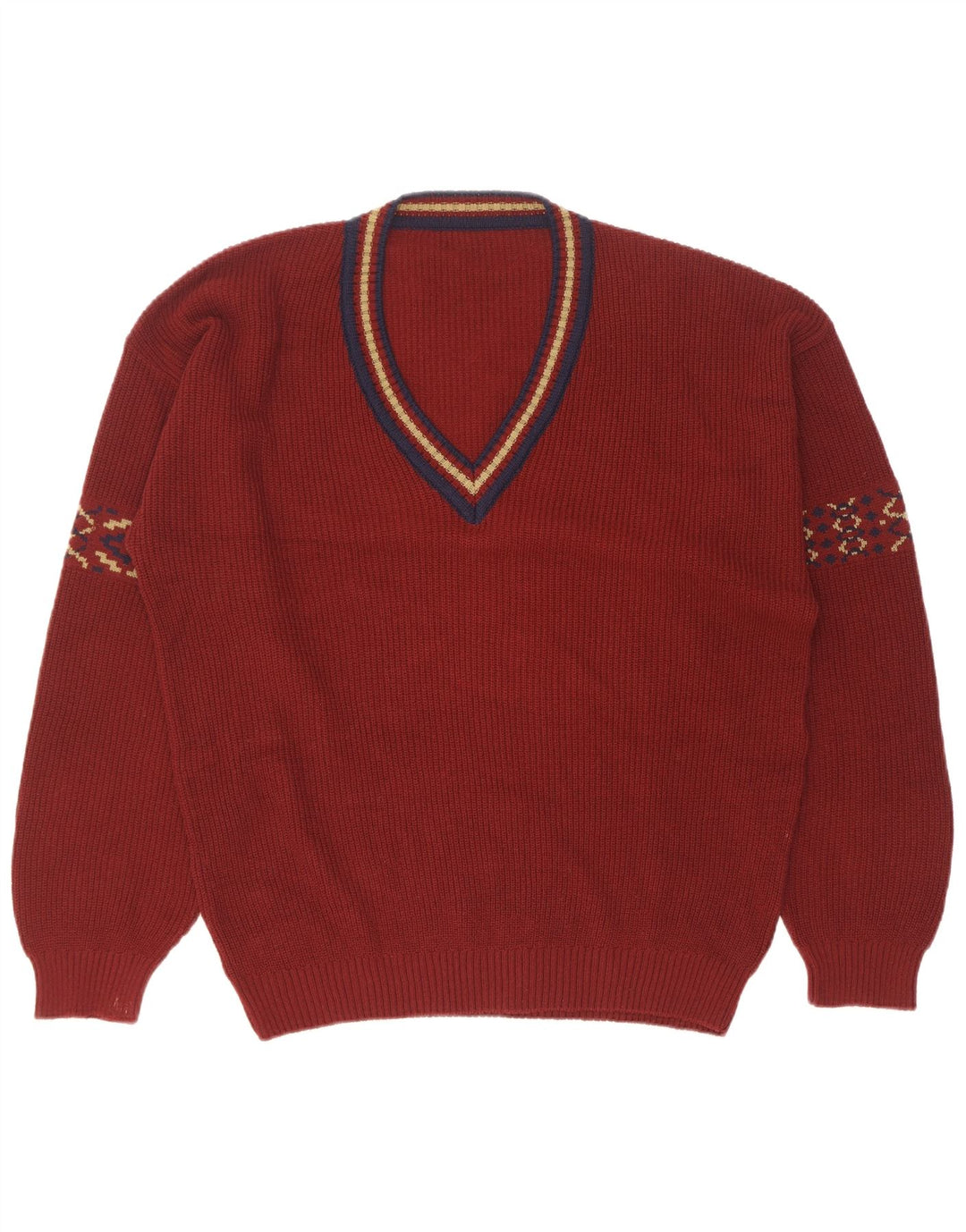Pulover vintage pentru bărbați cu decolteu în V, mărimea 50, bumbac geometric maro mediu