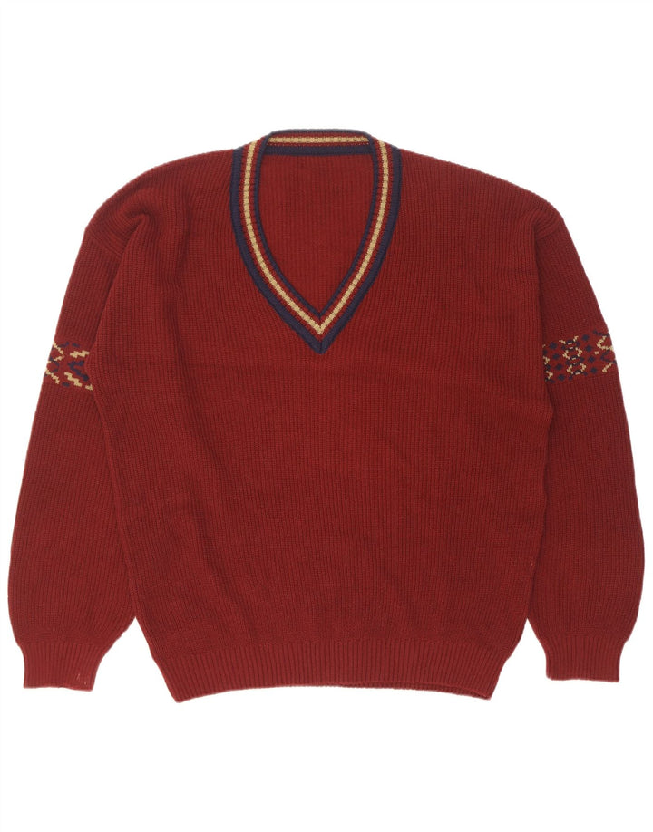 Pulover vintage pentru bărbați cu decolteu în V, mărimea 50, bumbac geometric maro mediu