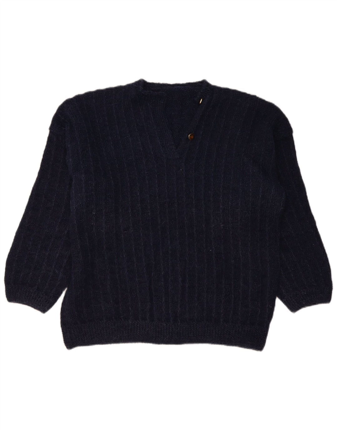VINTAGE Womens Button Neck Jumper Sweater UK 16 Large Navy Blue