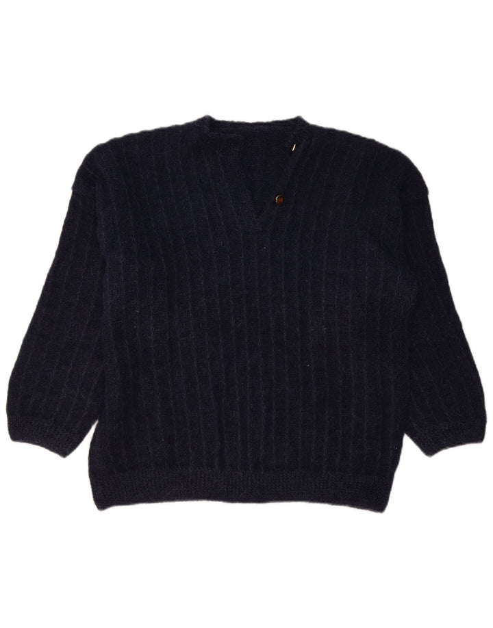 VINTAGE Womens Button Neck Jumper Sweater UK 16 Large Navy Blue