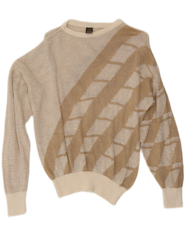 Pulover vintage pentru femei cu gât de barcă UK 16 mare bej geometric