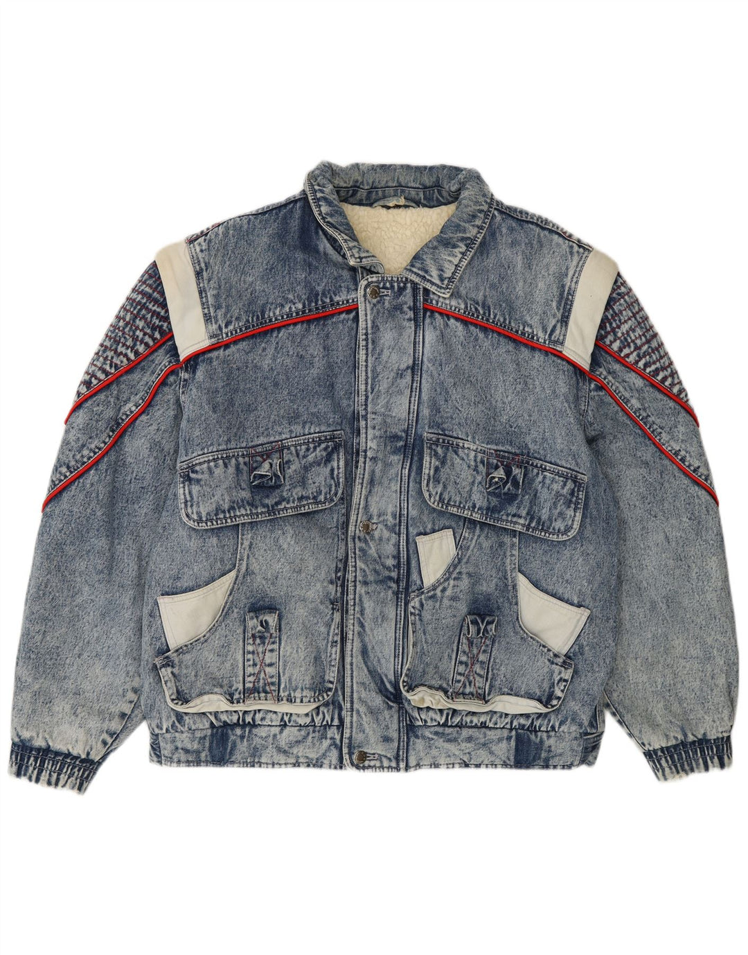 Jachetă de blugi Sherpa pentru bărbați vintage IT 48/50, bumbac color bloc albastru mediu