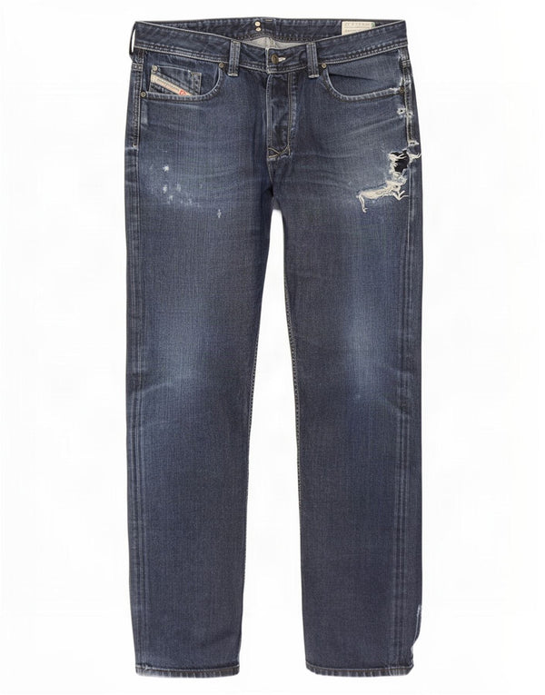Diesel Mens Larkee Distressed Regular Straight Jeans W34 L32 Blue Cotton