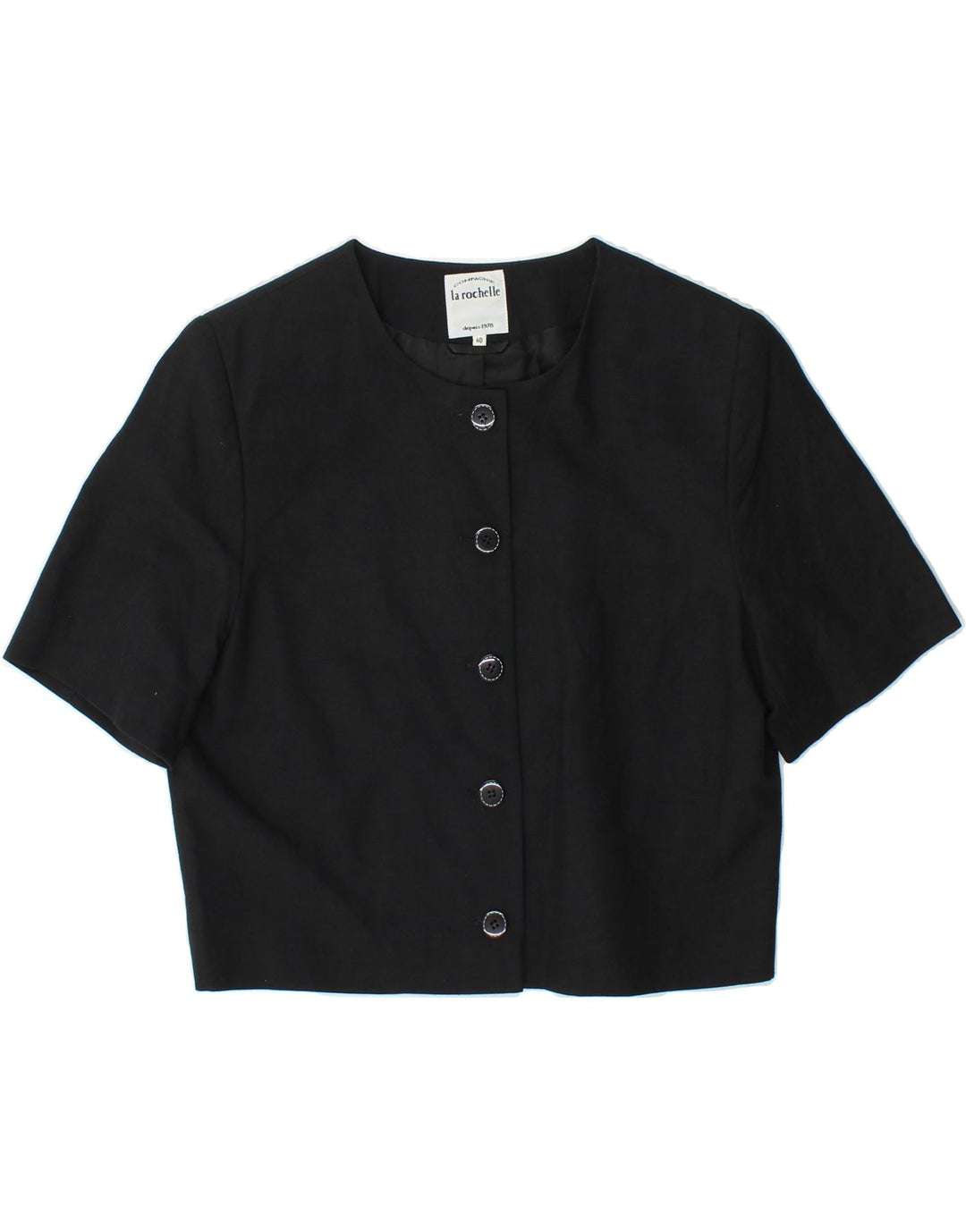 LA ROCHELLE Womens Short Sleeve 5 Button Blazer Jacket EU 40 Medium Black Vintage La Rochelle and Second-Hand La Rochelle from Messina Hembry 