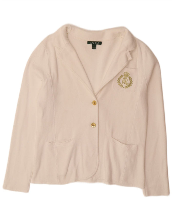 Pulover cardigan pentru femei RALPH LAUREN UK 16 mare bumbac alb