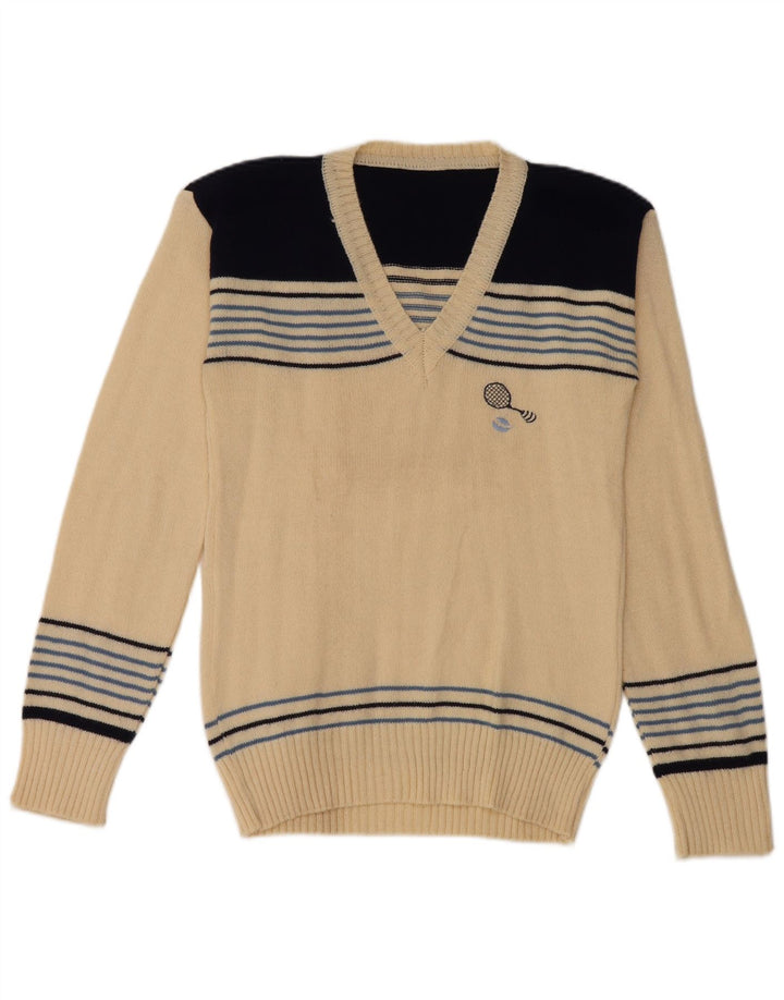 Pulover vintage pentru femei cu decolteu în V UK 8 mic cu dungi albe