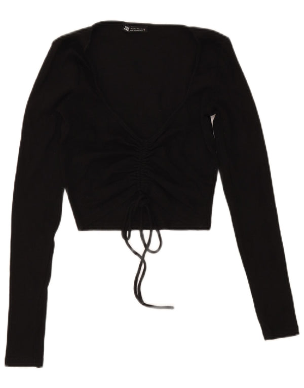 Top cu cravată în față pentru femei Zara cu mânecă lungă UK 12, bumbac mediu negru