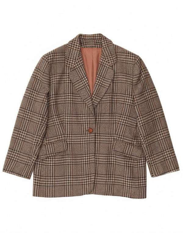 Blazer Vintage pentru femei cu 1 nasture UK 20 2XL Lână cu carouri maro