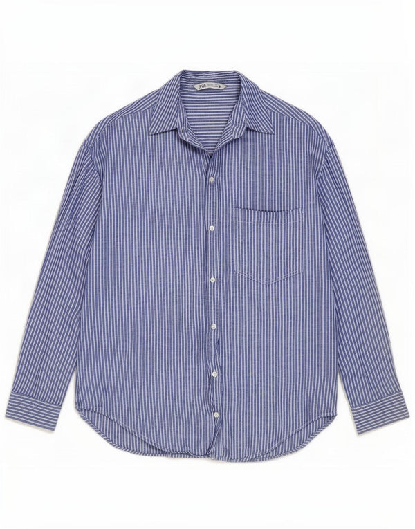 Zara Cămașă supradimensionată pentru femei UK 10 Small Blue Pinstripe Linen