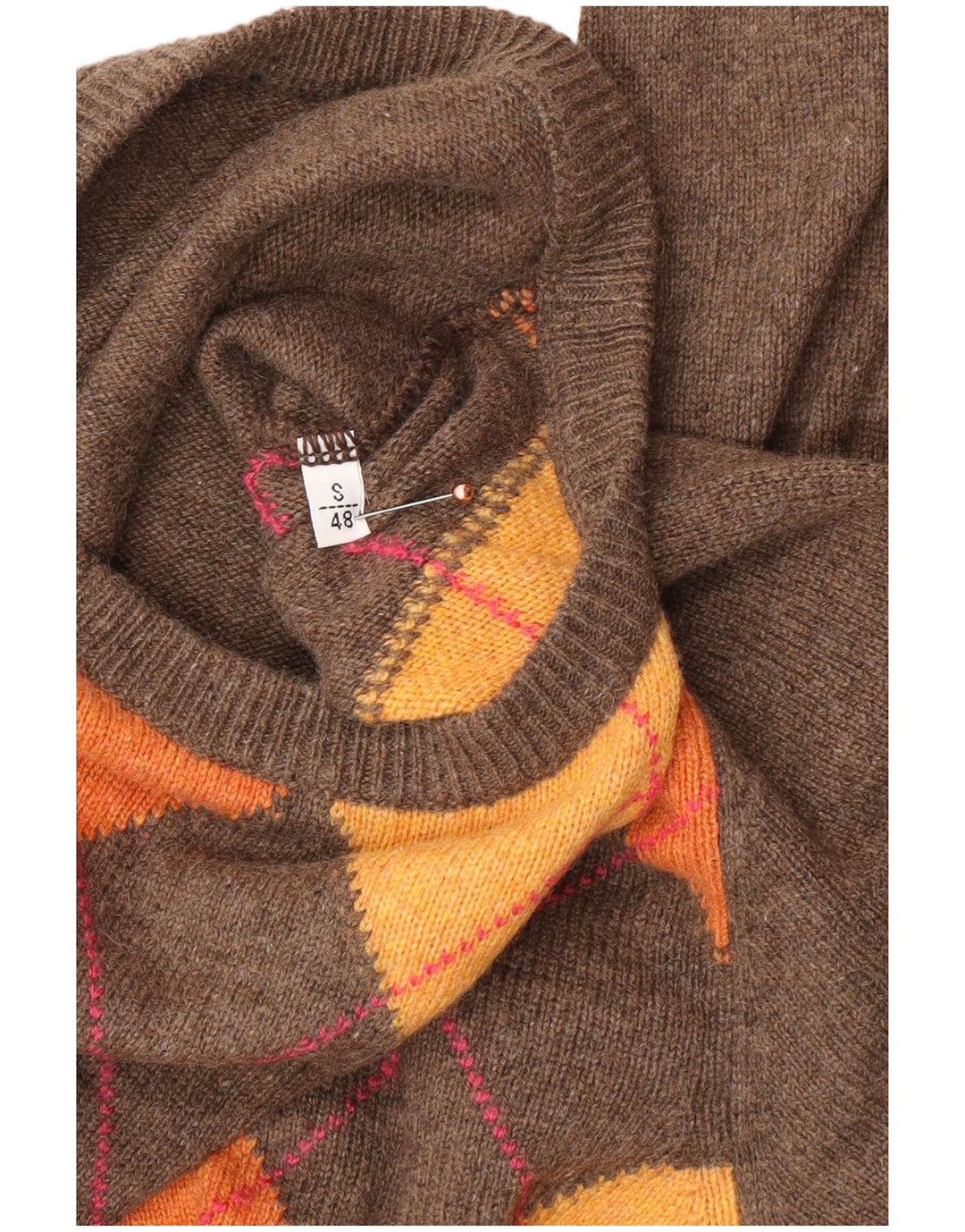 Pulover VINTAGE pentru bărbați cu gât roșu IT 48 Small Brown Argyle/Diamond