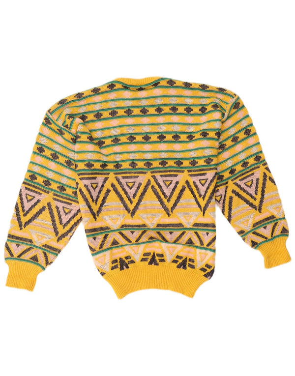 Pulover vintage pentru bărbați, cu gât roșu, din bumbac geometric, galben mediu