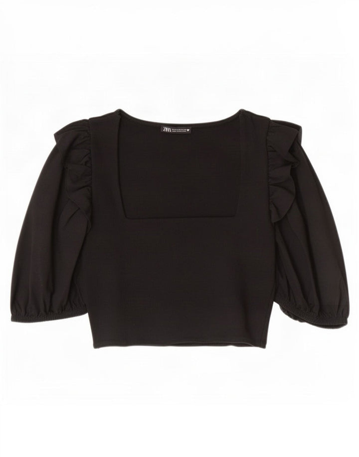 Crop Top cu mâneci 3/4 pentru femei Zara UK 12, bumbac mediu negru