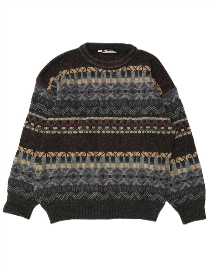 Pulover vintage pentru bărbați cu gât roșu, UK 38/40, gri mediu, Fair Isle