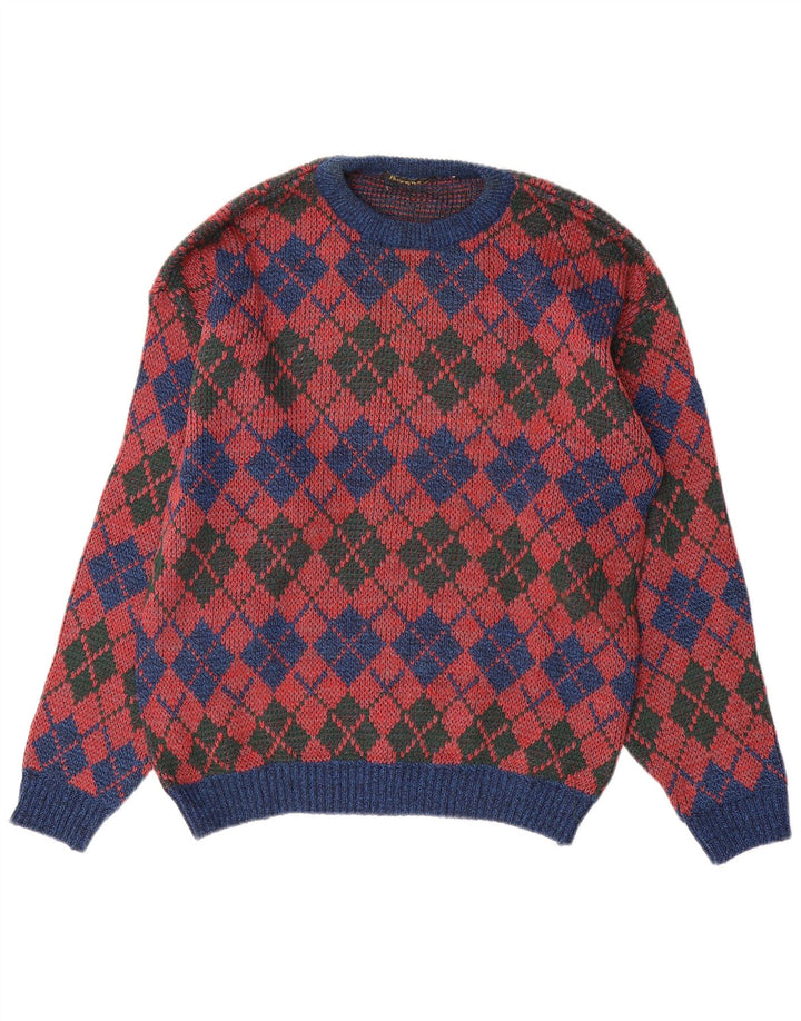 Pulover vintage pentru bărbați cu gât roșu mediu Argyle/Diamond