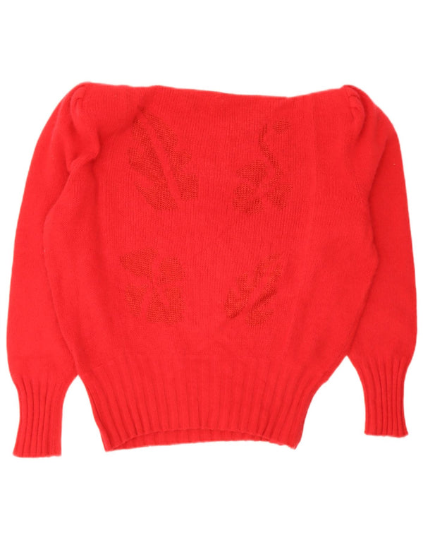 Pulover vintage pentru femei cu gât de barcă UK 14 mare, roșu, floral