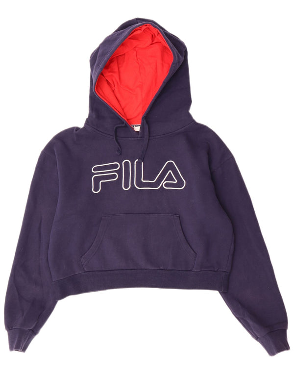 Fila Womens Crop Graphic Hoodie Jumper UK 10 Small Navy Blue Cotton