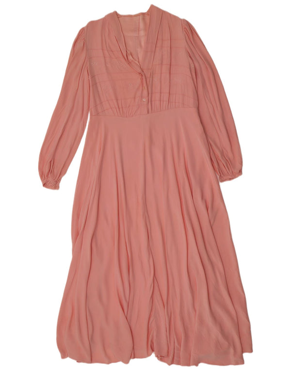 Rochie de ceai maxi cu mâneci lungi de epocă pentru femei UK 12 Medium Roz Floral Retro