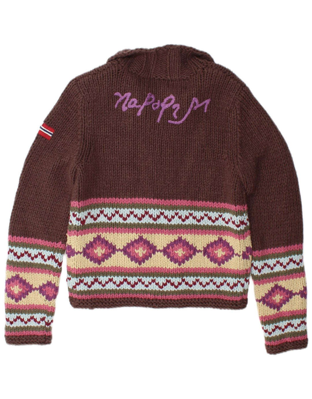 NAPAPIJRI Womens Graphic Cardigan Sweater UK 12 Medium Brown Geometric