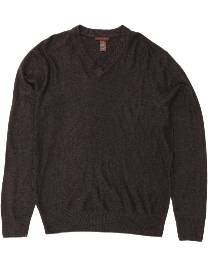 DOCKERS Mens V-Neck Jumper Sweater Medium Grey Argyle/Diamond Acrylic Vintage Dockers and Second-Hand Dockers from Messina Hembry 