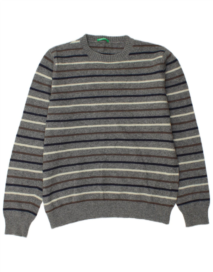 Pulover Benetton pentru bărbați, cu gât crew, în dungi, gri mediu