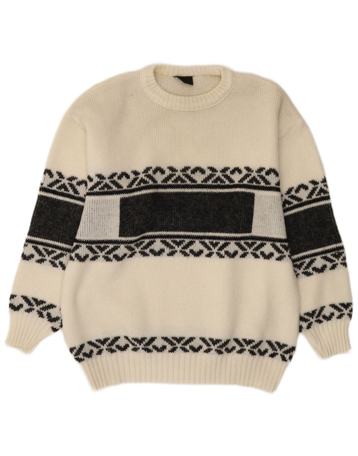 Pulover vintage pentru bărbați cu gâtul turnat, alb mediu, Fair Isle