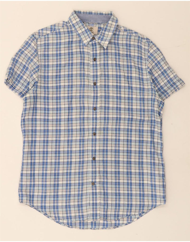TIMBERLAND Mens Slim Fit Short Sleeve Shirt Medium Blue Check Linen