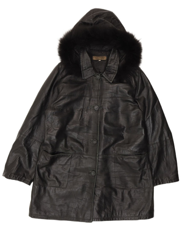 Palton din piele vintage pentru femei cu glugă IT 50 XL din piele neagră