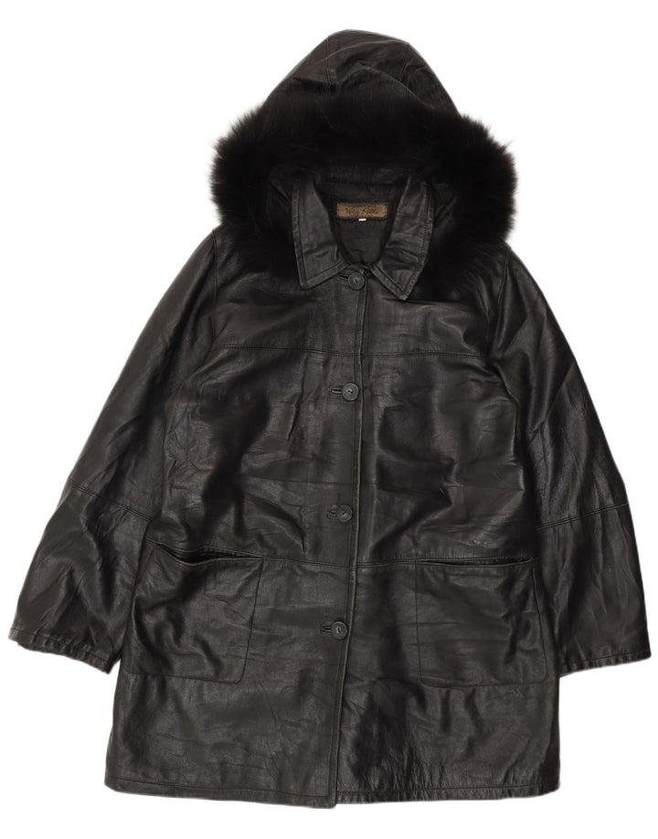 Palton din piele vintage pentru femei cu glugă IT 50 XL din piele neagră