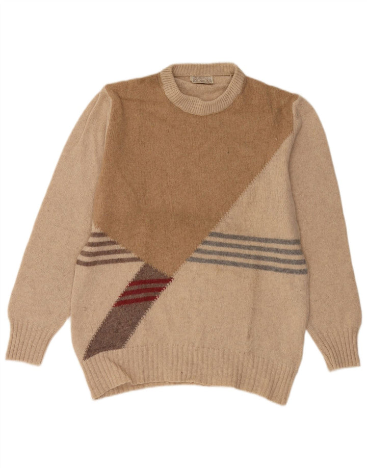 Pulover vintage pentru bărbați cu gât roșu, mare, bej, bloc de culoare