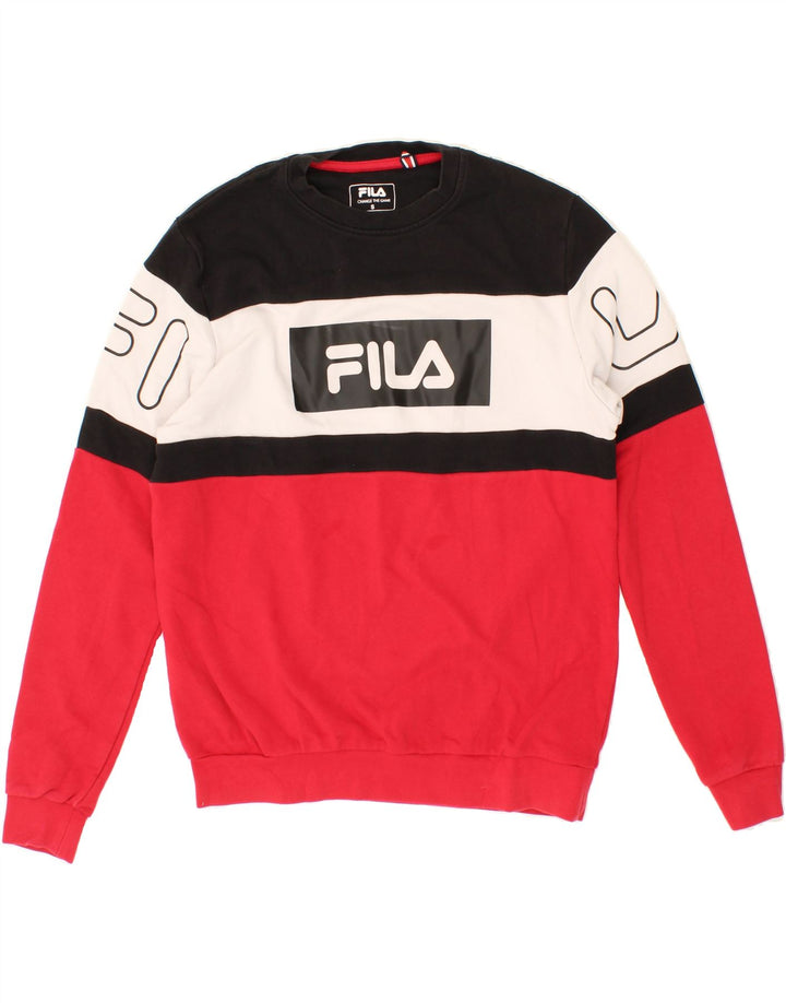 FILA Mens Graphic Sweatshirt Jumper Small Multicoloured Colourblock Cotton Vintage Fila and Second-Hand Fila from Messina Hembry 