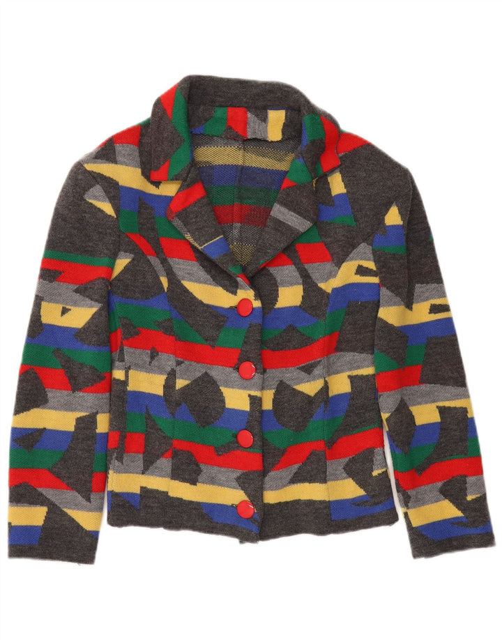 Jachetă vintage pentru femei din tricot cu 4 nasturi, UK 12, gri mediu, geometrică