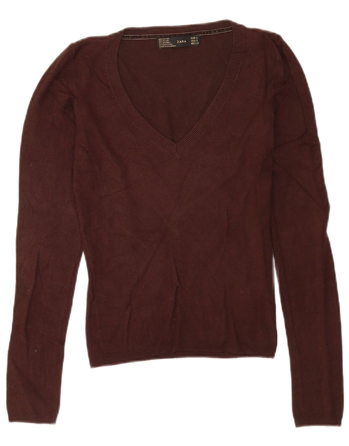 Pulover cu decolteu în V Zara pentru femei UK 10 Mic, maro, raion