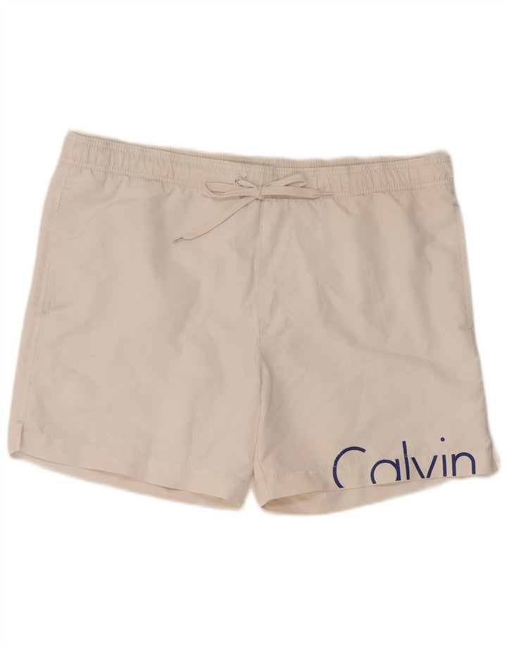 Pantaloni scurți de înot grafic Calvin Klein pentru bărbați, poliester alb mediu
