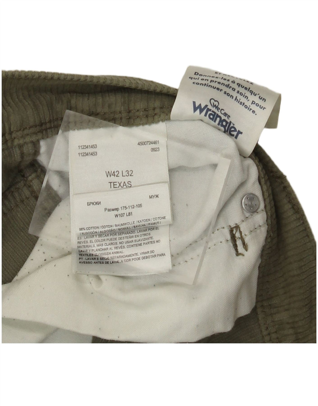 Pantaloni WRANGLER pentru bărbați din velur drept Texas W42 L32 bumbac kaki