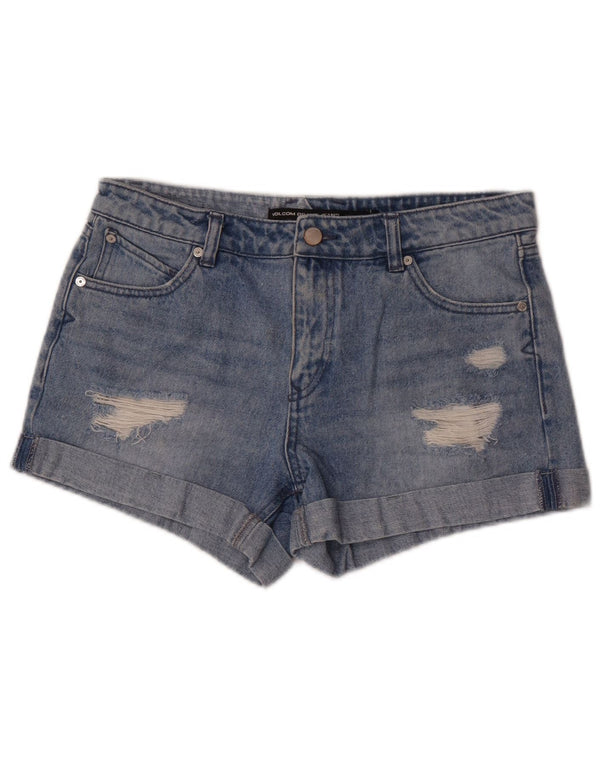 Volcom Womens Boyfriend Fit Distressed Denim Shorts W28 Medium Blue Cotton