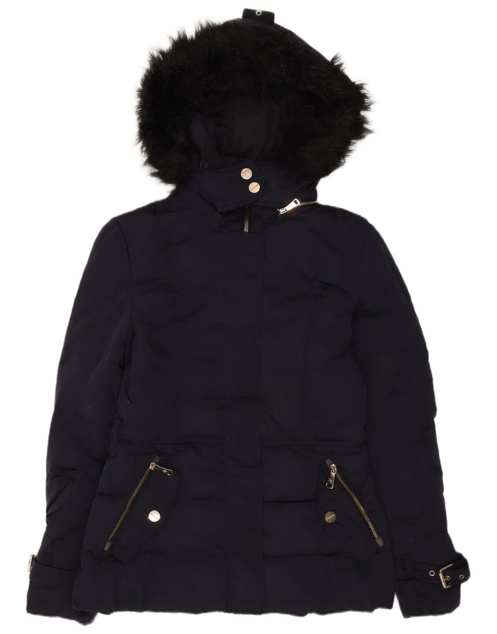 Jachetă căptușită cu glugă ZARA pentru femei UK 10 Mic, nailon bleumarin