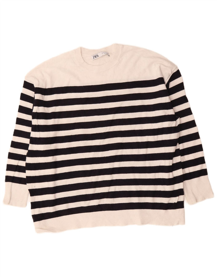 Pulover supradimensionat pentru femei Zara, cu gât crew, UK 14 Medium, cu dungi albe