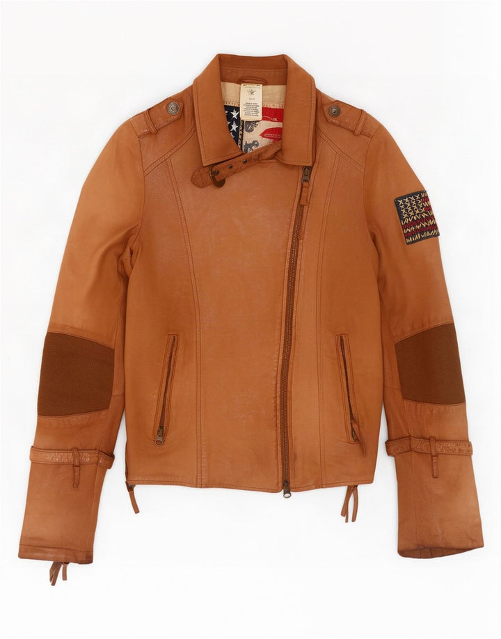 True Religion Jachetă motociclist din piele pentru femei UK 10 Mic Bej Colorblock
