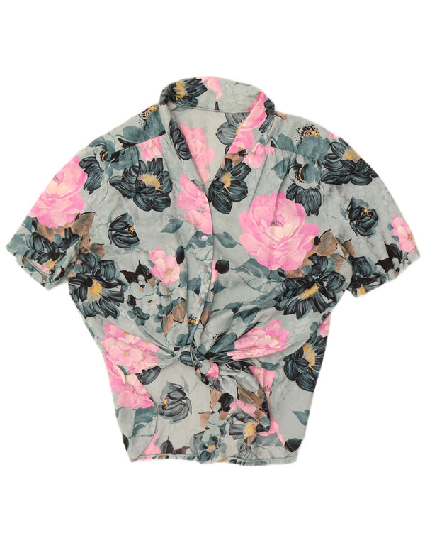 Bluză cămașă cu mânecă scurtă pentru femei vintage cu cravată în față UK 18 XL Albastru Floral
